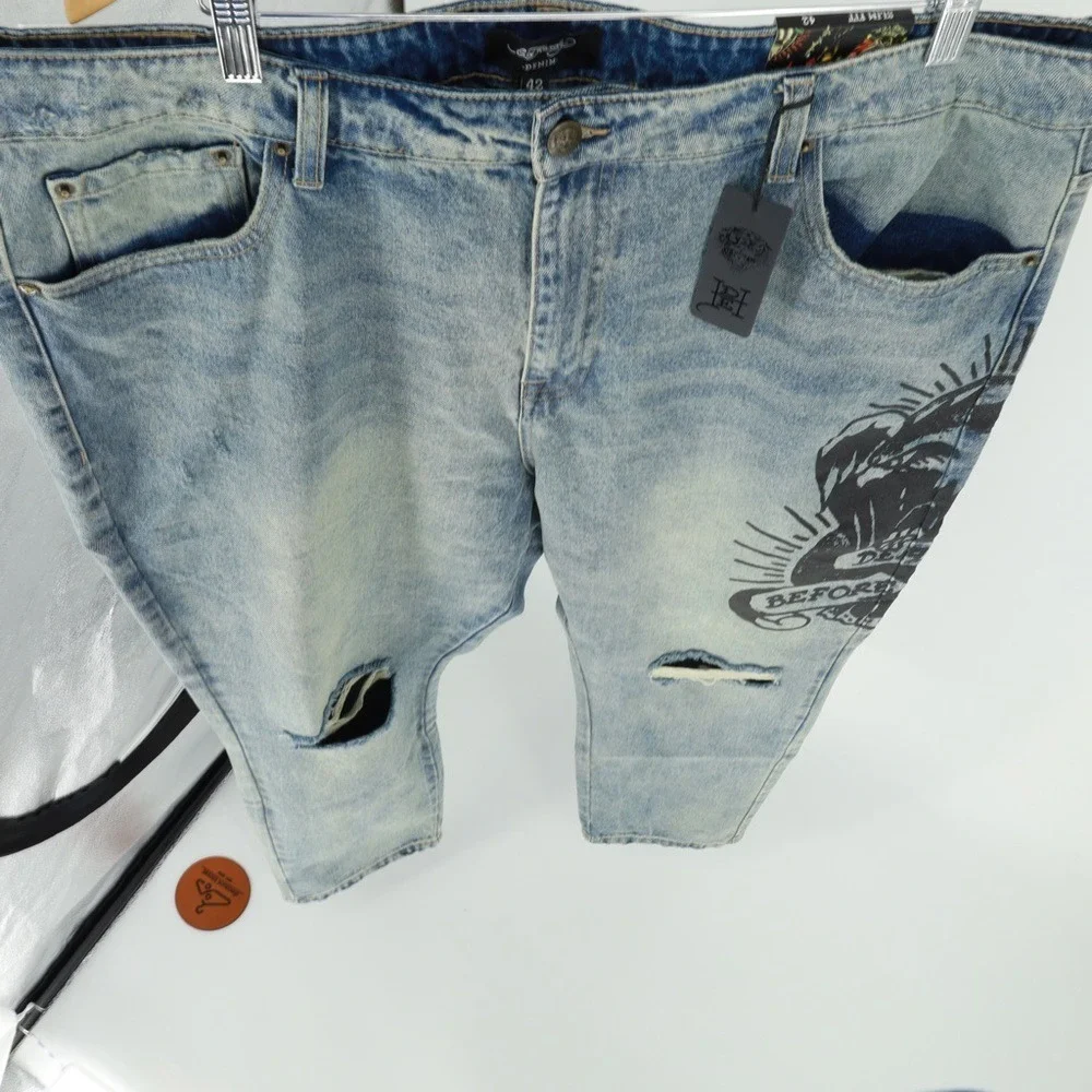 Ed Hardy Jeans Death Before Tattoo Distressed Graphic Denim Slim Fit Size 42‎